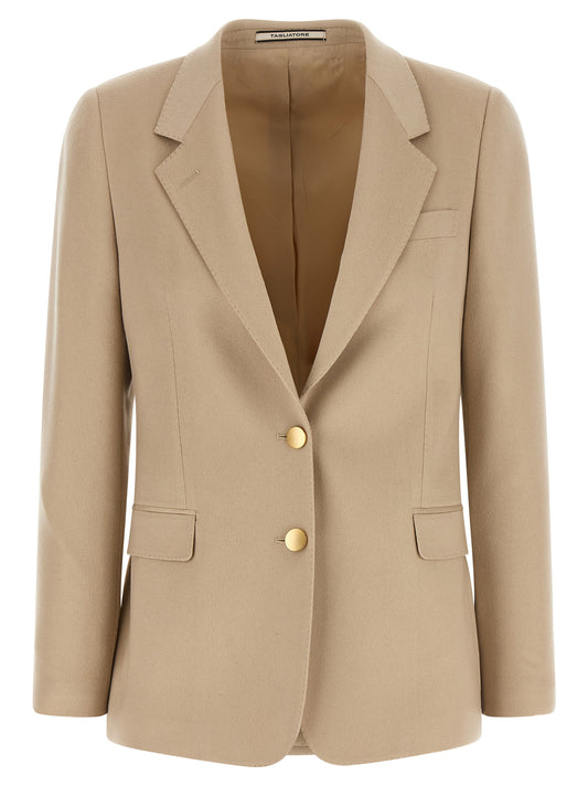 Blazer by Tagliatore for women in cashmere beige & gold presents a distinguished silhouette, detailed with a distinguished and distinctive for a truly sophisticated finish.