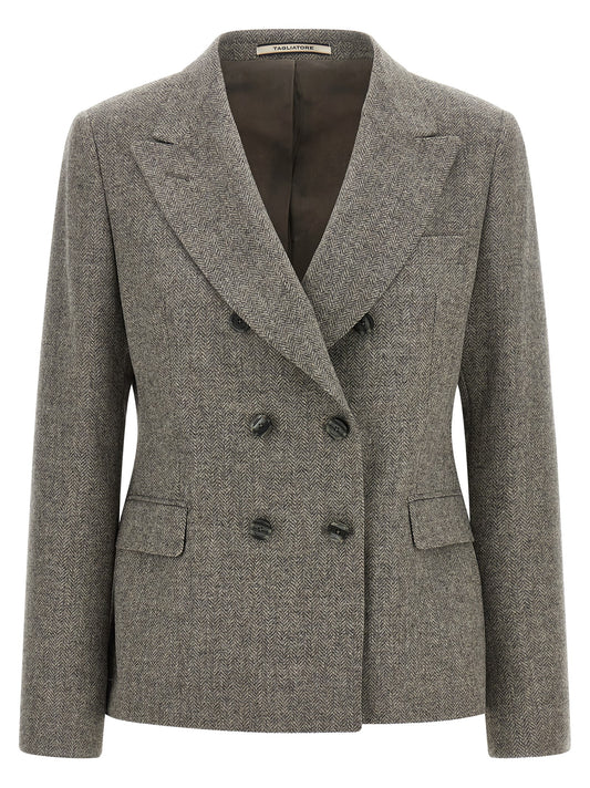 Blazer by Tagliatore for women in cashmere virgin wool gray, patterned & herringbone presents a distinguished silhouette, detailed with a distinguished split neckline and distinctive for a truly sophisticated finish.