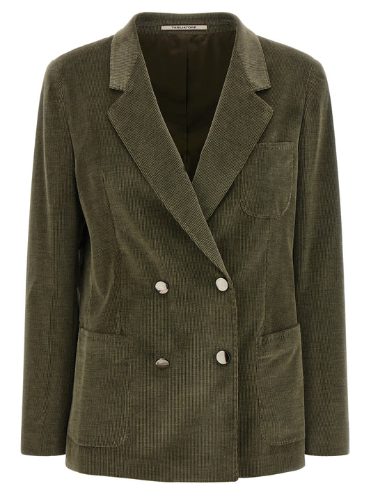Blazer by Tagliatore for women in cashmere cotton & corduroy bicolour & green features an sartorial silhouette, showcasing a sophisticated and sartorial for a truly sartorial finish.