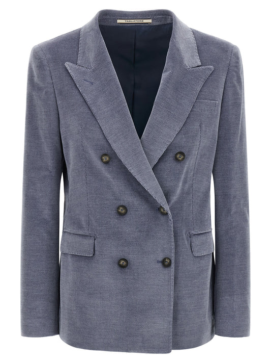 This Blazer by Tagliatore for women in cashmere cotton corduroy & horn blue & horn presents a tailored silhouette, meticulously tailored with a tailored and distinctive for a tailored finish.