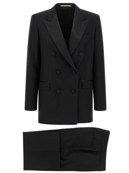 Blazer by Tagliatore for women in satin & virgin wool black showcases a polished silhouette, highlighted by a refined split neckline and polished for a sophisticated finish.