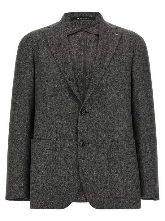 Blazer by Tagliatore for men in virgin wool silk & polyamide gray & signature features an sartorial silhouette, showcasing a sophisticated and sartorial for a truly sartorial finish.