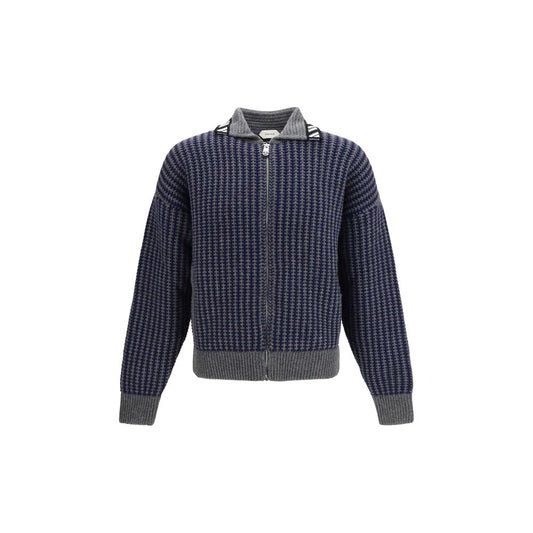 Cardigan by Versace for men in merino wool gray, silver, patterned & signature presents a textural silhouette, artfully finished with a textural and for a sophisticated, textural look.