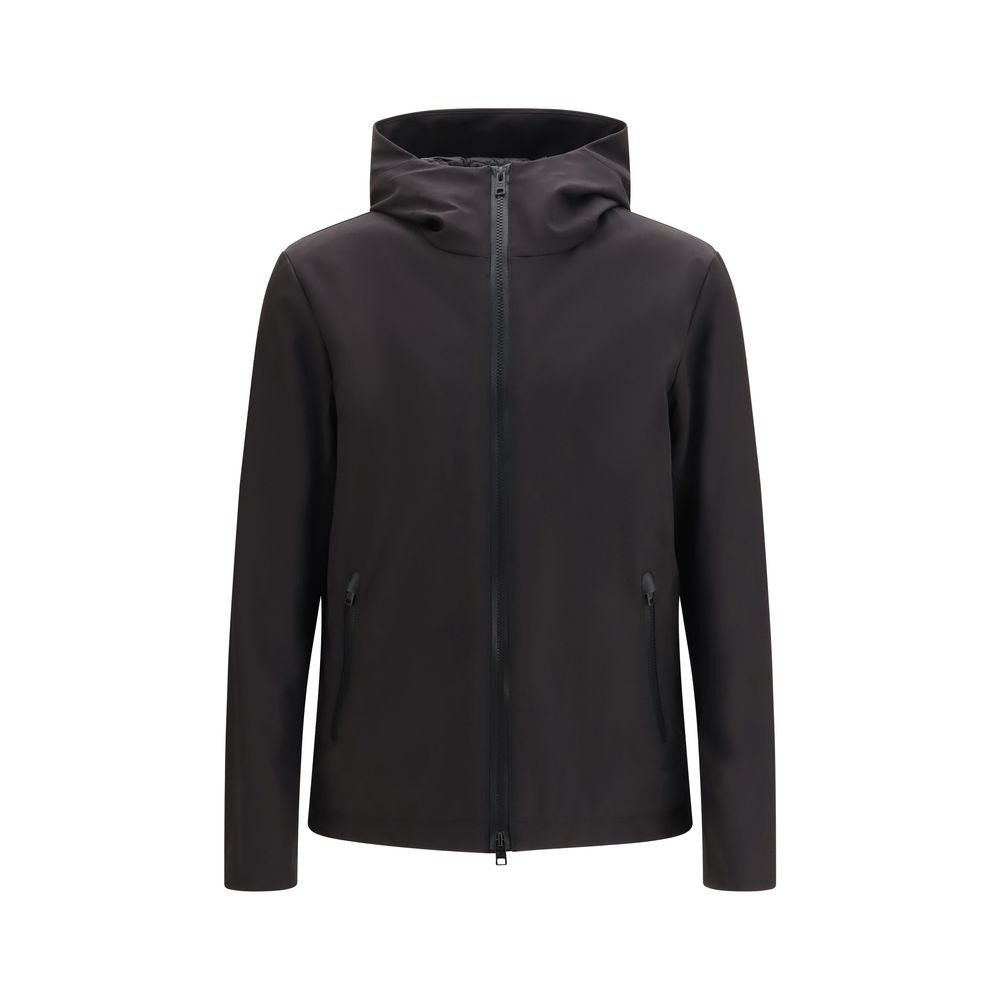 Windbreaker Jacket by Woolrich for men in polyester & duck-down black showcases a modern silhouette, integrating water-resistant, windproof, pockets, hooded & insulated and a modern hooded high-collar neckline for a sophisticated finish.