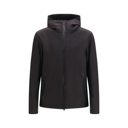 Windbreaker Jacket by Woolrich for men in polyester & duck-down black showcases a modern silhouette, integrating water-resistant, windproof, pockets, hooded & insulated and a modern hooded high-collar neckline for a sophisticated finish.