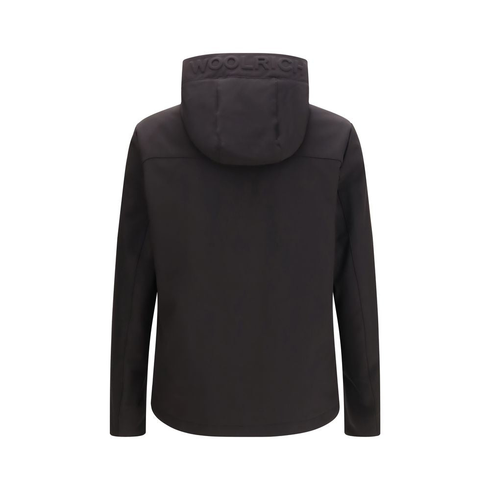 Windbreaker Jacket by Woolrich for men in polyester & duck-down black features an enduring silhouette, showcasing technical water-resistant, windproof, pockets, hooded & insulated and a sophisticated hooded high-collar neckline for a truly enduring aesthetic.