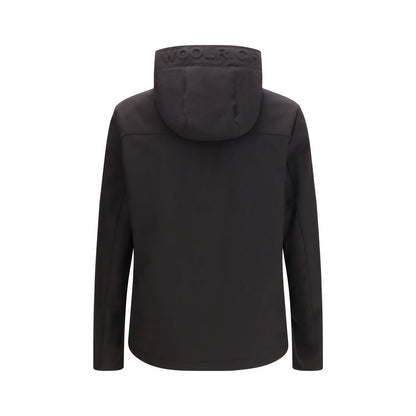 Windbreaker Jacket by Woolrich for men in polyester & duck-down black features an enduring silhouette, showcasing technical water-resistant, windproof, pockets, hooded & insulated and a sophisticated hooded high-collar neckline for a truly enduring aesthetic.