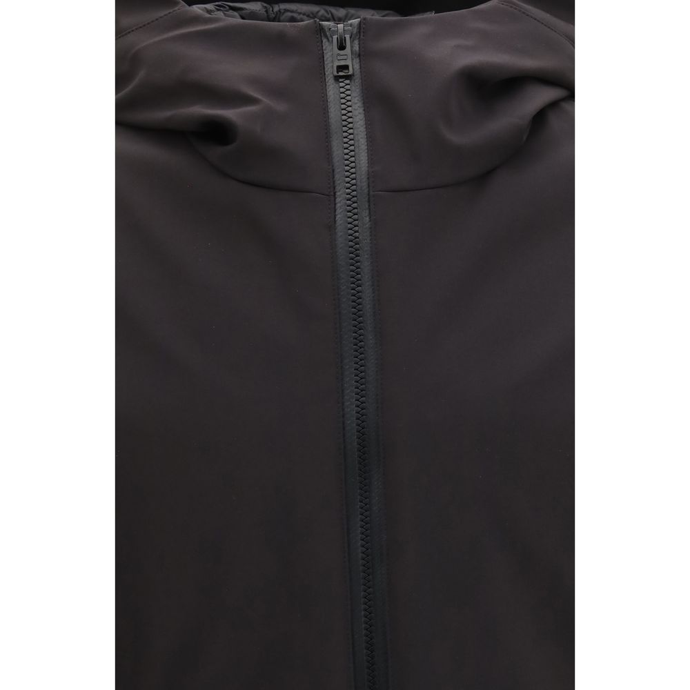 Windbreaker Jacket by Woolrich for men in polyester & duck-down black features an perennial silhouette with a refined and perennial water-resistant, windproof, pockets, hooded & insulated for a sophisticated weather-resistant look.