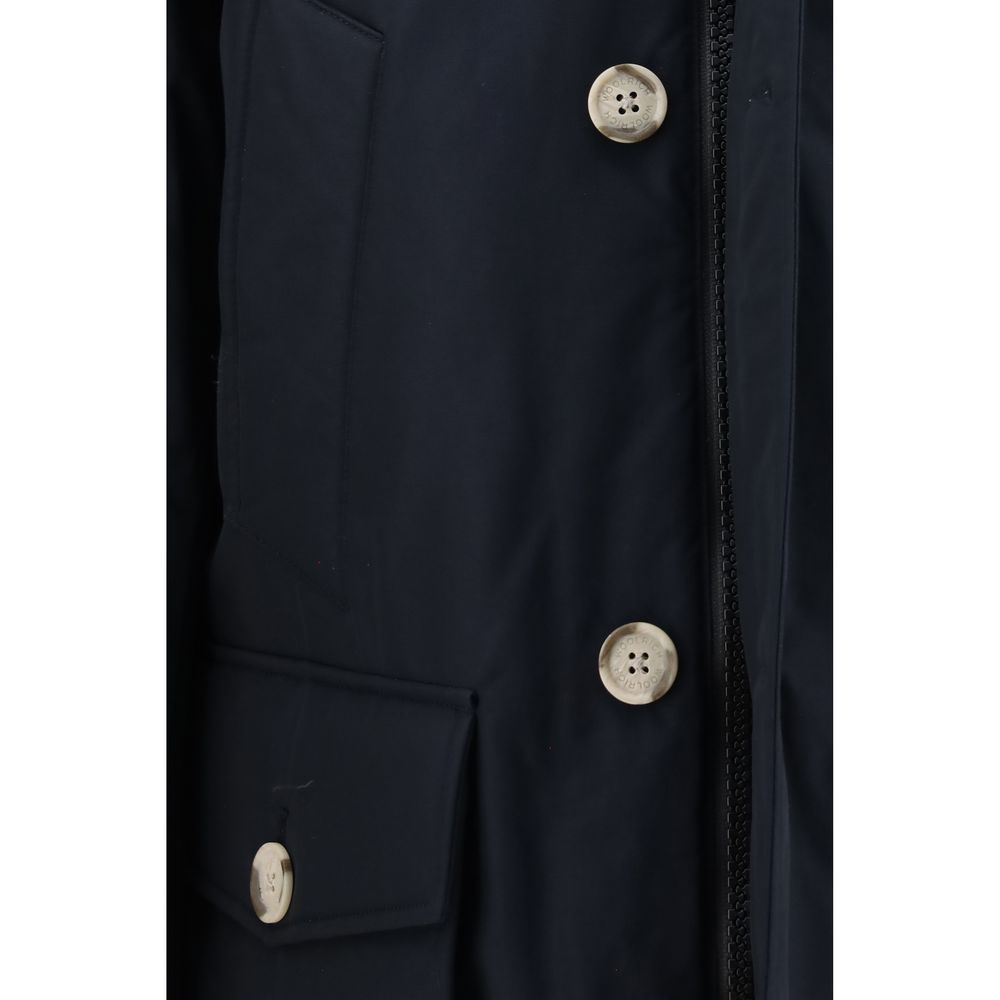 Hooded Parka by Woolrich for men in polyamide cotton duck-down & fur blue features a stylish silhouette, meticulously detailed with a sophisticated hooded neckline and functional pockets, hooded & insulated for a stylish finish.