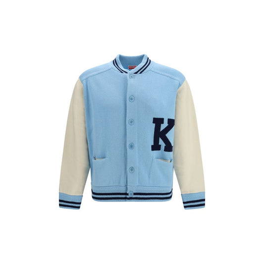 Bomber Jacket by Kenzo for men in merino wool blue, pearl & striped showcases a bohemian silhouette, artfully detailed with a bohemian and signature pockets for a truly bohemian finish.