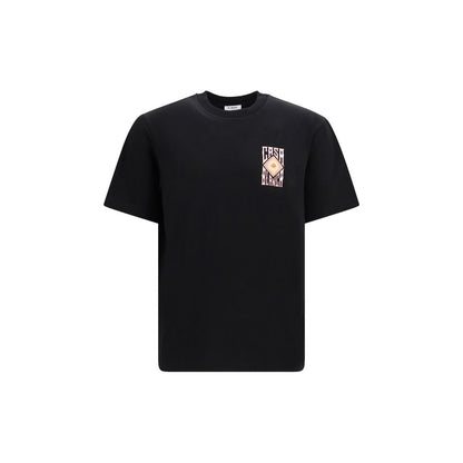 T-Shirt by Casablanca for men in cotton black & print showcases a dramatic silhouette, elegantly detailed with a dramatic crew neckline and short-sleeve for a truly dramatic finish.