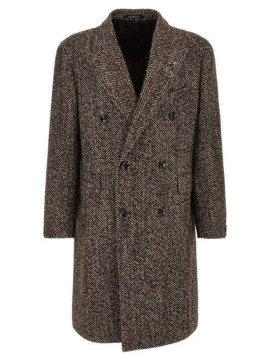 Overcoat by Tagliatore for men in polyamide polyester acrylic wool brown, patterned, herringbone & signature features a contemporary silhouette showcasing a contemporary and refined pockets for a sophisticated finish.
