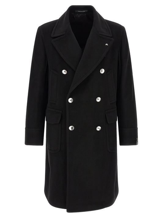 Overcoat by Tagliatore for men in cashmere black & silver presents a luxurious silhouette, showcasing a luxurious lapel neckline and sophisticated pockets for a premium, luxurious look.