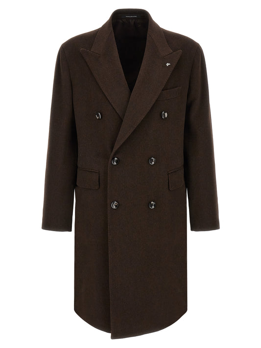 Overcoat by Tagliatore for men in virgin wool brown features a cosy chic silhouette, artfully detailed with a sophisticated split neckline and premium pockets for a cosy chic finish.