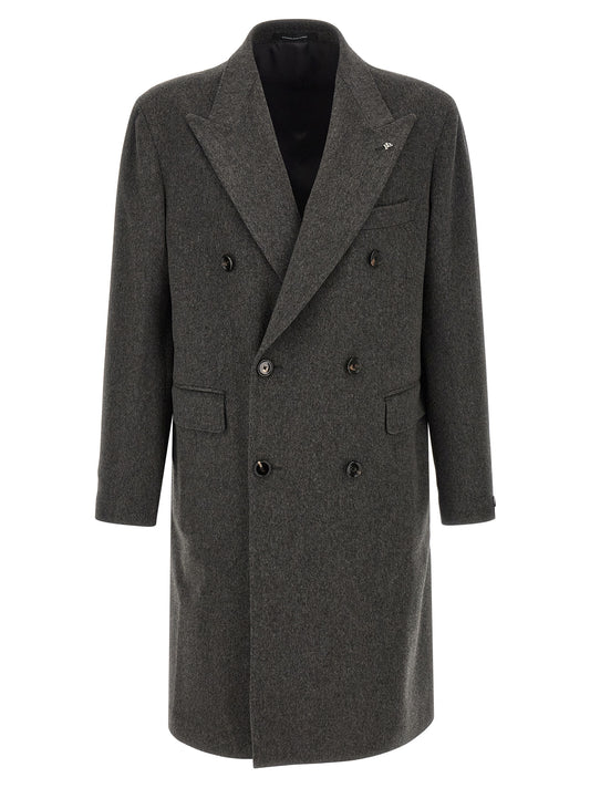 Overcoat by Tagliatore for men in virgin wool gray presents a luxurious silhouette, showcasing a luxurious split neckline and sophisticated pockets for a premium, luxurious look.