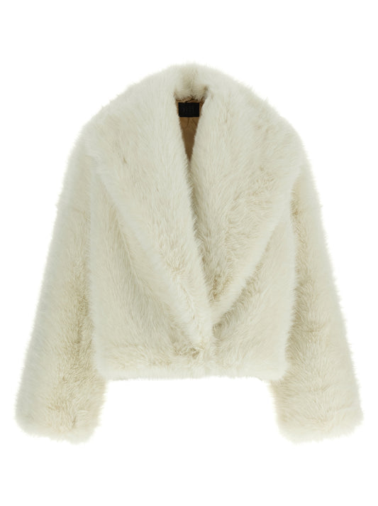 Jacket by B&B COUTURE for women in polyester plush & fur ivory & white presents a impeccable silhouette, showcasing distinct and a impeccable shawl-collar neckline for a sophisticated finish.