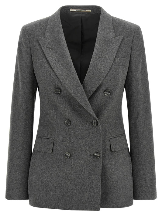 Blazer by Tagliatore for women in cashmere gray features an crisp silhouette with sophisticated and a crisp split neckline for a truly crisp finish.