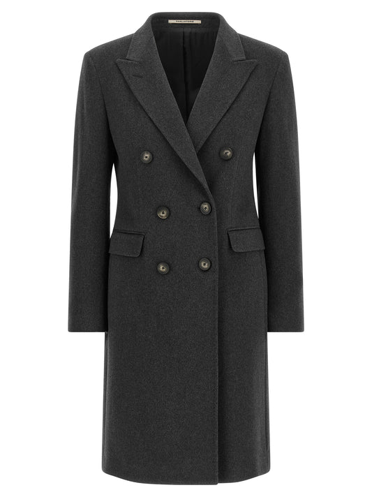 Overcoat by Tagliatore for women in cashmere virgin wool gray presents a luxurious silhouette, showcasing a luxurious split neckline and sophisticated pockets for a premium, luxurious look.