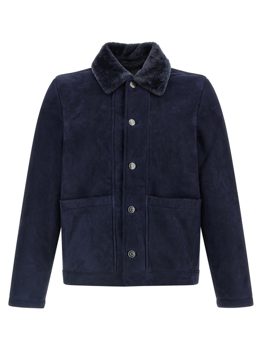 Jacket by GIORGIO BRATO for men in lambskin leather velour & metal blue presents a impeccable silhouette, showcasing distinct pockets and a impeccable for a sophisticated finish.