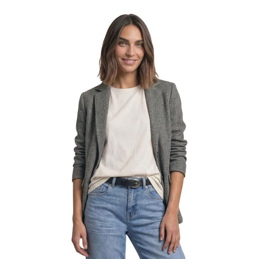 Blazer by Street One for women in stretch denim cotton black, patterned & herringbone presents a distinguished silhouette, detailed with a distinguished double-breasted neckline and distinctive for a truly sophisticated finish.