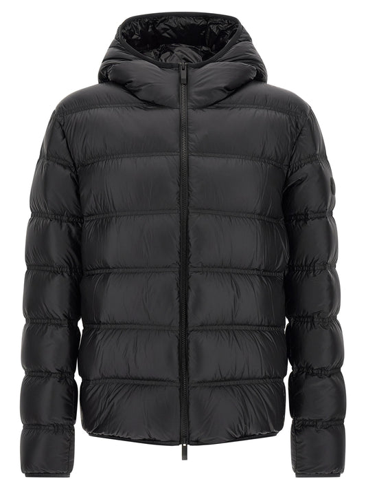 Hooded Puffer Jacket by Moncler for men in polyamide black showcases a bohemian silhouette, artfully detailed with a bohemian hooded neckline and signature hooded & insulated for a truly bohemian finish.