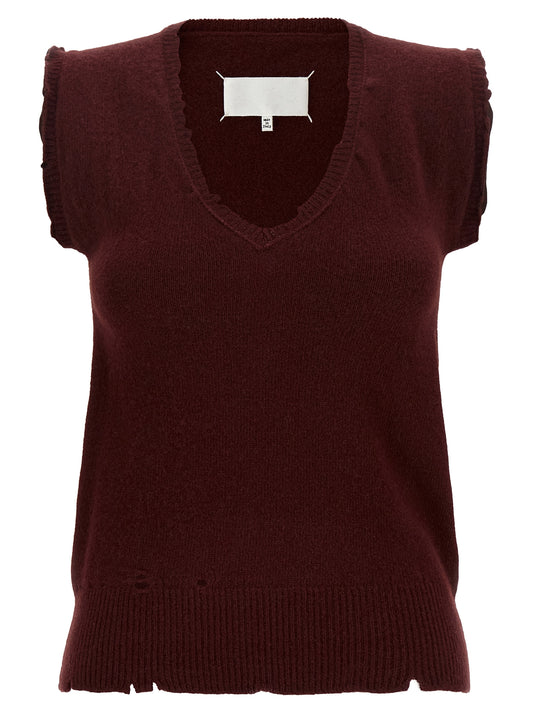 Vest by Maison Margiela for women in virgin wool bordeaux & white features a chic silhouette, expertly detailed with a refined v-neck neckline and premium for a truly chic look.
