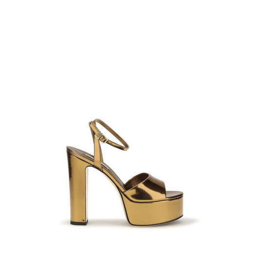 Very-High-Heel Platform Sandals by Casadei for women in polyester & polyurethane gold presents a sculptural silhouette, showcasing the Women's Polyester & Polyurethane Very-High-Heel Platform Sandals design with a sculptural platform 13-cm-heel very-high-heel and for a premium look.