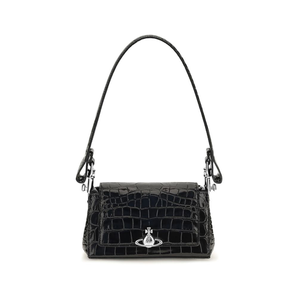 This Small Shoulder Flap Handbag by Vivienne Westwood for women in bos taurus crocodile calf leather and black & pinstripe presents a sculptural silhouette featuring a secure flap & magnetic, ample , and versatile shoulder-strap & handle for a sculptural finish.