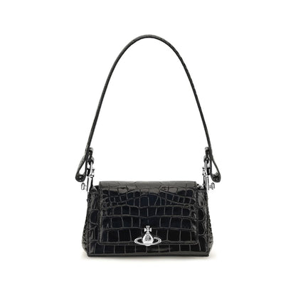 This Small Shoulder Flap Handbag by Vivienne Westwood for women in bos taurus crocodile calf leather and black & pinstripe presents a sculptural silhouette featuring a secure flap & magnetic, ample , and versatile shoulder-strap & handle for a sculptural finish.