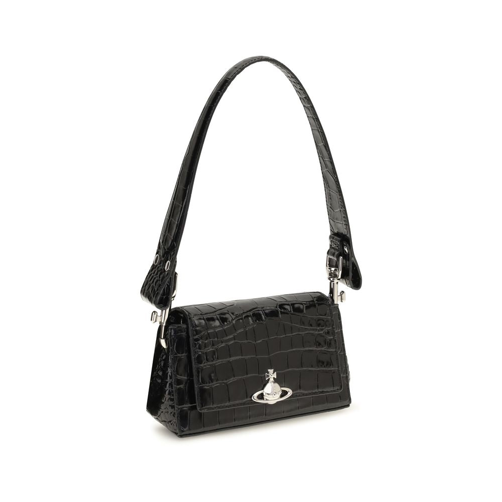 This Small Shoulder Flap Handbag by Vivienne Westwood for women in bos taurus crocodile calf leather and black & pinstripe presents a sculptural silhouette featuring a secure flap & magnetic, ample , and versatile shoulder-strap & handle for a sculptural finish.