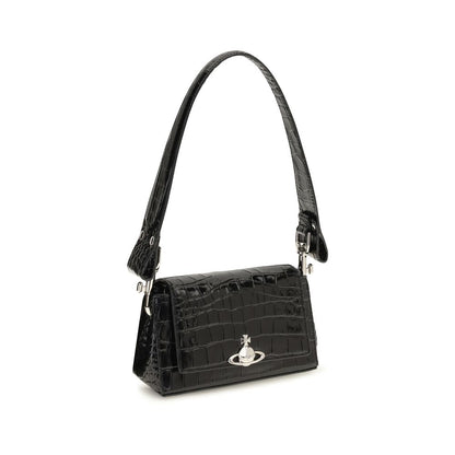 This Small Shoulder Flap Handbag by Vivienne Westwood for women in bos taurus crocodile calf leather and black & pinstripe presents a sculptural silhouette featuring a secure flap & magnetic, ample , and versatile shoulder-strap & handle for a sculptural finish.