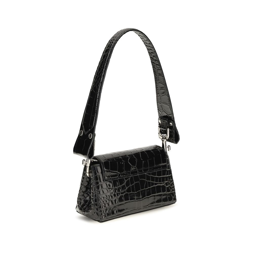 Small Shoulder Flap Handbag by Vivienne Westwood for women in bos taurus crocodile calf leather black & pinstripe features a signature silhouette, showcasing a secure flap & magnetic and signature with versatile shoulder-strap & handle for a sophisticated look.