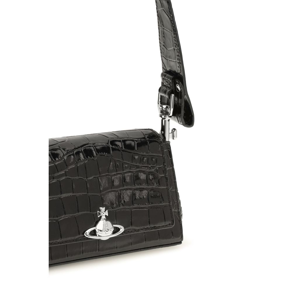 Small Shoulder Flap Handbag by Vivienne Westwood for women in bos taurus crocodile calf leather black & pinstripe features an refined silhouette, showcasing a secure flap & magnetic, ample , and versatile shoulder-strap & handle for a sophisticated refined aesthetic.