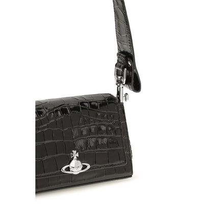 Small Shoulder Flap Handbag by Vivienne Westwood for women in bos taurus crocodile calf leather black & pinstripe features an refined silhouette, showcasing a secure flap & magnetic, ample , and versatile shoulder-strap & handle for a sophisticated refined aesthetic.