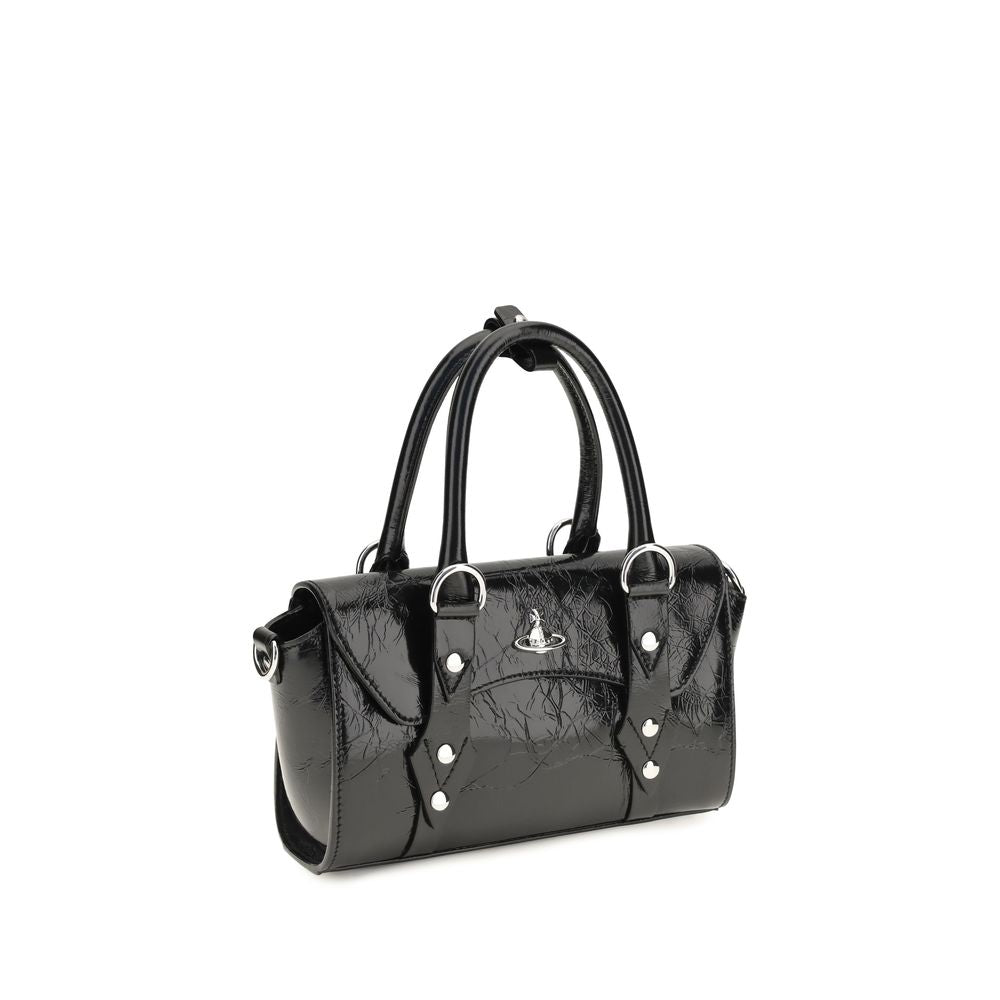 Mini Shoulder Flap Bag by Vivienne Westwood for women in bos taurus calf leather black & silver showcases a enviable silhouette, artfully detailed with a secure flap, zipper & magnetic, organized , and versatile shoulder-strap for a enviable look.