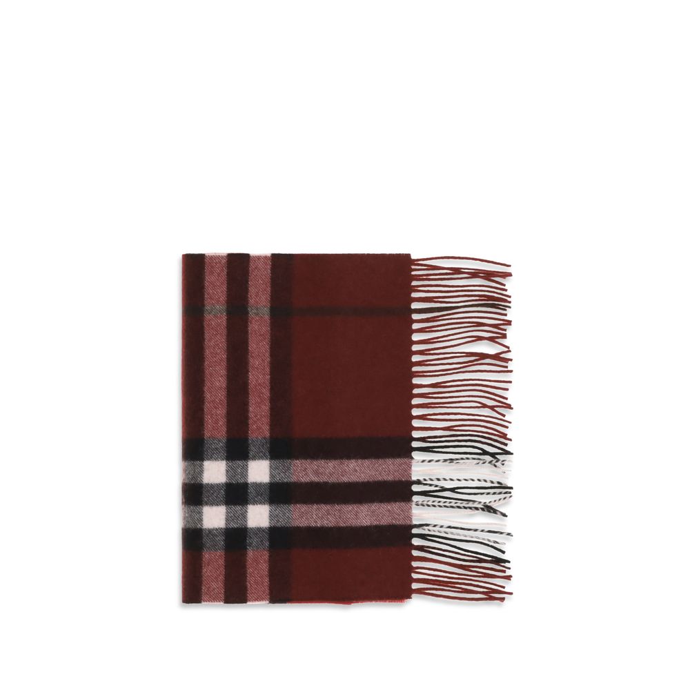 Scarf by Burberry for women in cashmere gradient, bordeaux & patterned showcases a eye catching silhouette, artfully capturing the essence of the eye catching Cashmere Shawl Rectangular Wrap Fringes Scarf design for a sophisticated look.