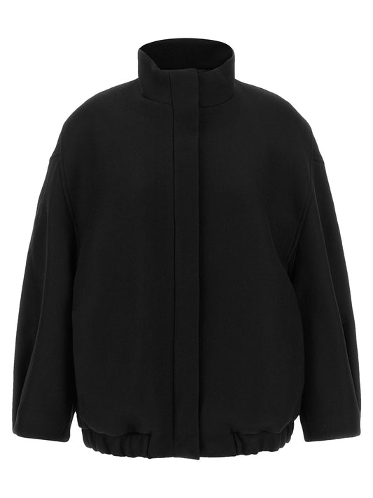 Bomber Jacket by Dries Van Noten for women in polyamide wool black features a dramatic silhouette, showcasing a sophisticated and distinctive pockets for a dramatic aesthetic.