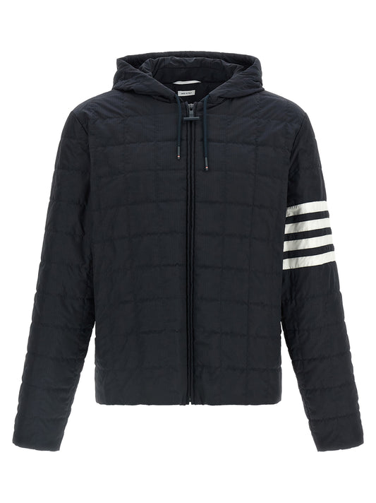 Hooded Windbreaker Jacket by Thom Browne for men in metal polyamide & polyester navy & patterned showcases a urban chic silhouette, detailed with a urban chic hooded neckline and functional lightweight, hooded & windproof for a polished finish.