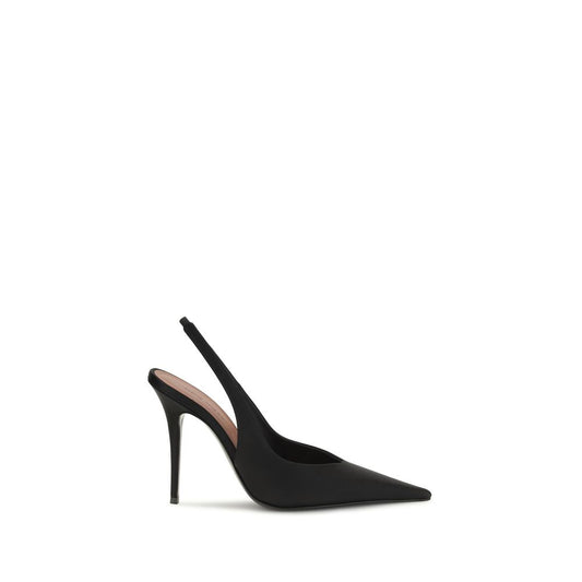 High-Heel Stiletto Slingback Pumps Heels by Amina Muaddi for women in silk satin & leather black features an captivating silhouette, showcasing the elegant Women's Silk Satin & Leather High-Heel Stiletto Slingback Pumps Heels design with a stiletto high-heel and a sophisticated pointed toe style.
