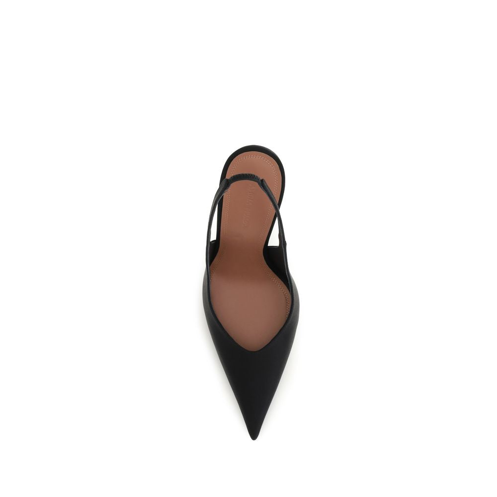 High-Heel Stiletto Slingback Pumps Heels by Amina Muaddi for women in silk satin & leather black showcases a exquisite silhouette, perfectly accentuating Women's Silk Satin & Leather High-Heel Stiletto Slingback Pumps Heels with a exquisite stiletto high-heel and exquisite pointed toe style.