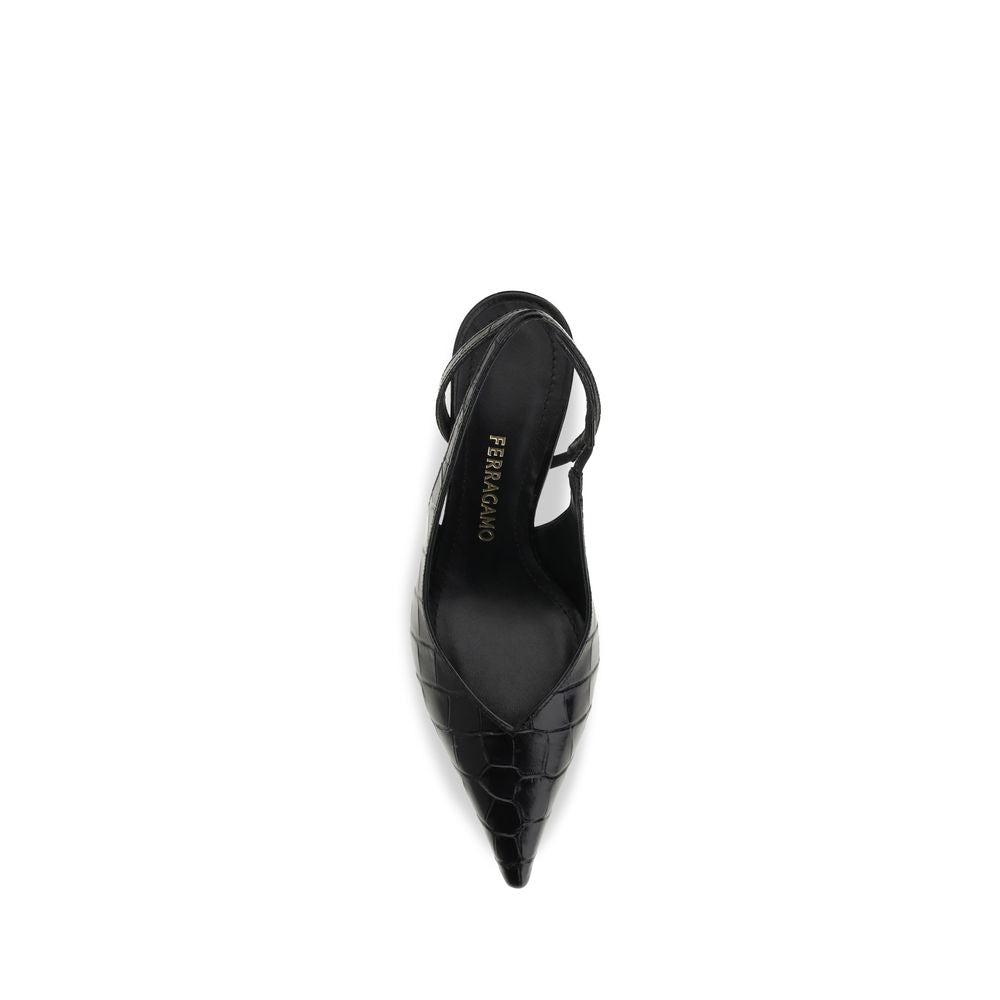 Stiletto Ankle Strap Slingback Pumps Heels by Ferragamo for women in bos taurus crocodile calf leather black features a effortless chic silhouette, showcasing the Women's Bos Taurus Crocodile Calf Leather Stiletto Ankle Strap Slingback Pumps Heels design with a effortless chic stiletto and pointed toe style for a effortless chic finish.
