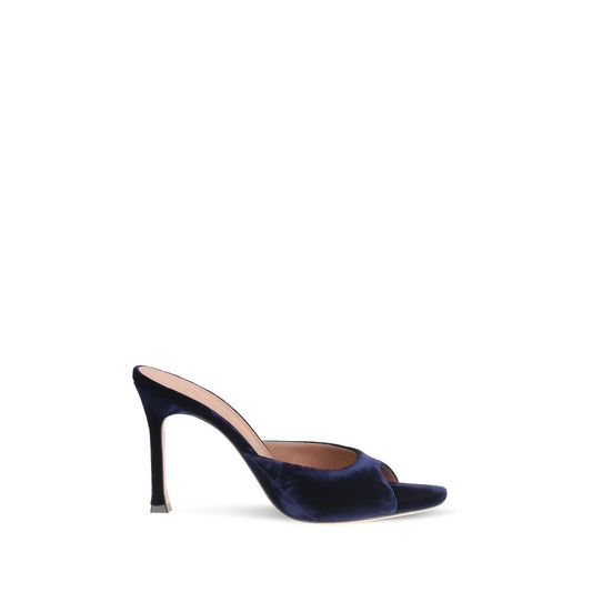 Stiletto Sandals by Amina Muaddi for women in velvet blue presents a sculptural silhouette, showcasing the Women's Velvet Stiletto Sandals design with a sculptural stiletto and almond toe style for a premium look.