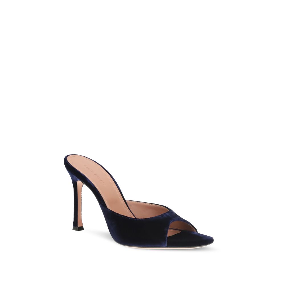 Stiletto Sandals by Amina Muaddi for women in velvet blue features an architectural design from the Women's Velvet Stiletto Sandals collection, defined by a architectural stiletto and almond toe style for a architectural finish.
