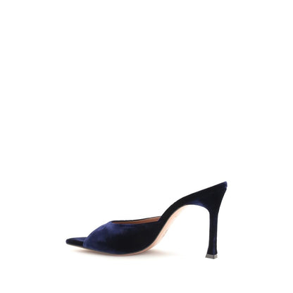 Stiletto Sandals by Amina Muaddi for women in velvet blue features an effortlessly chic silhouette from the Women's Velvet Stiletto Sandals collection, showcasing a effortlessly chic stiletto and elegant almond toe style.