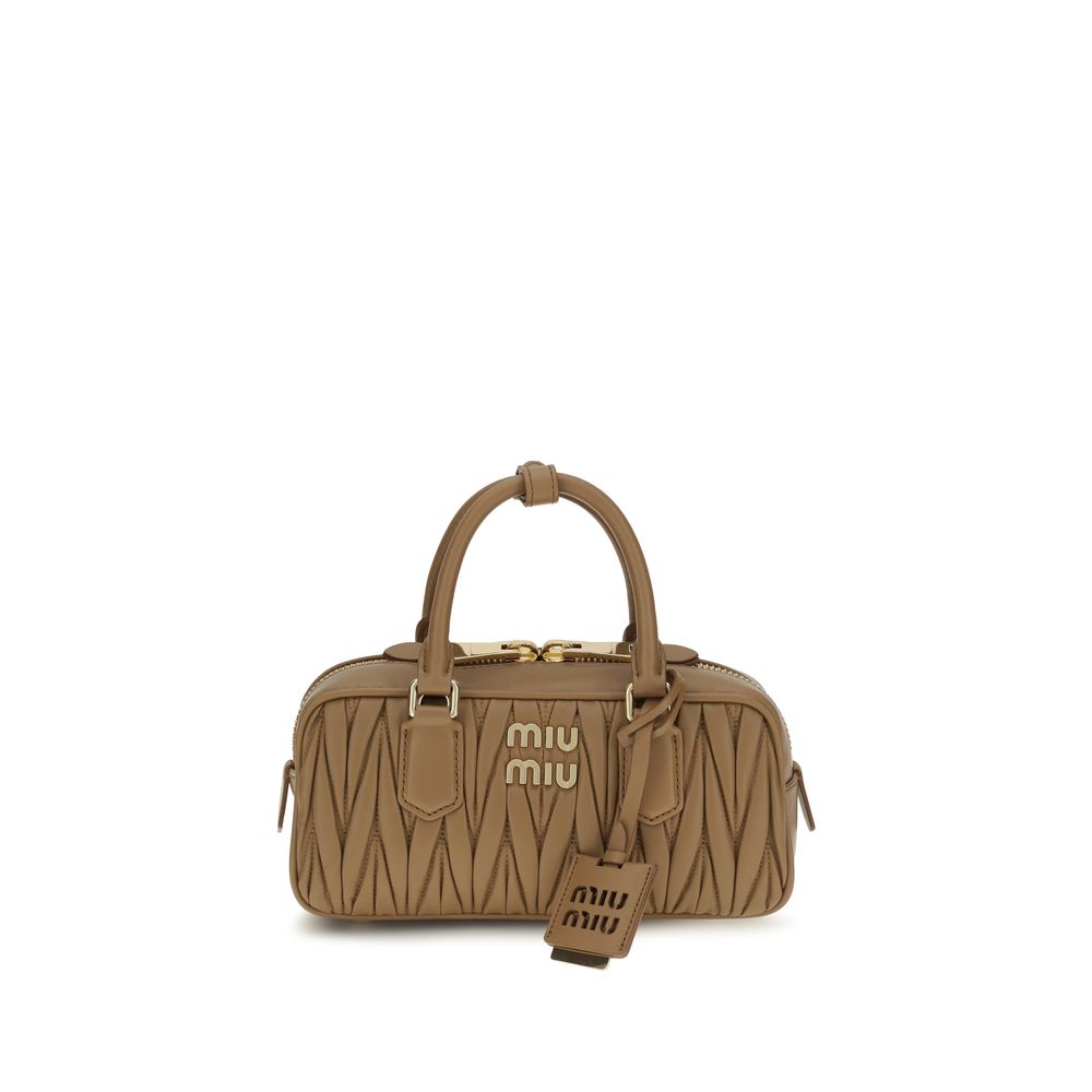 Shoulder Handbag by Miu Miu for women in bos taurus calf leather beige, signature & monogram features a contemporary silhouette, showcasing a secure zipper, ample single-compartment, and contemporary shoulder-strap, adjustable-strap & handle for a sophisticated look.