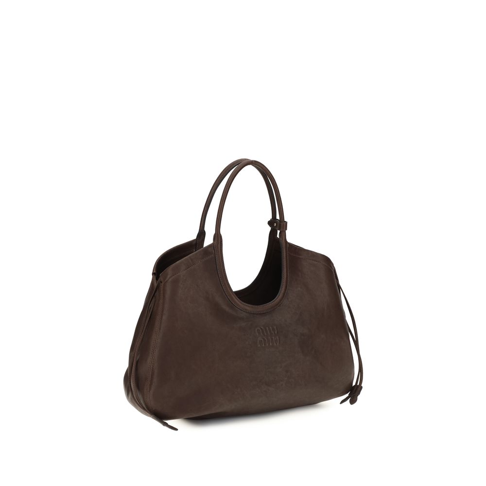 Shopper Handbag by Miu Miu for women in nappa leather & cotton brown & gold features a refined silhouette, showcasing a secure zipper & magnetic, organized , and versatile handle for a refined finish.