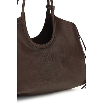 Shopper Handbag by Miu Miu for women in nappa leather & cotton brown & gold features a contemporary silhouette, showcasing a secure zipper & magnetic, ample , and contemporary handle for a sophisticated look.