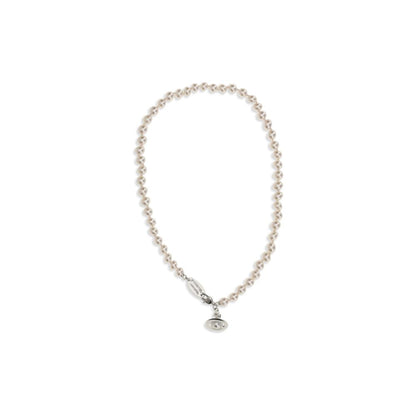 Necklace by Vivienne Westwood for women in bos taurus calfskin leather beige, gold, lavender, pearl & signature, showcasing a exquisite chain pendant necklace design that perfectly embodies the exquisite elegance of the Orb Women's Gold Brass Pearls & Enamel Necklace collection.