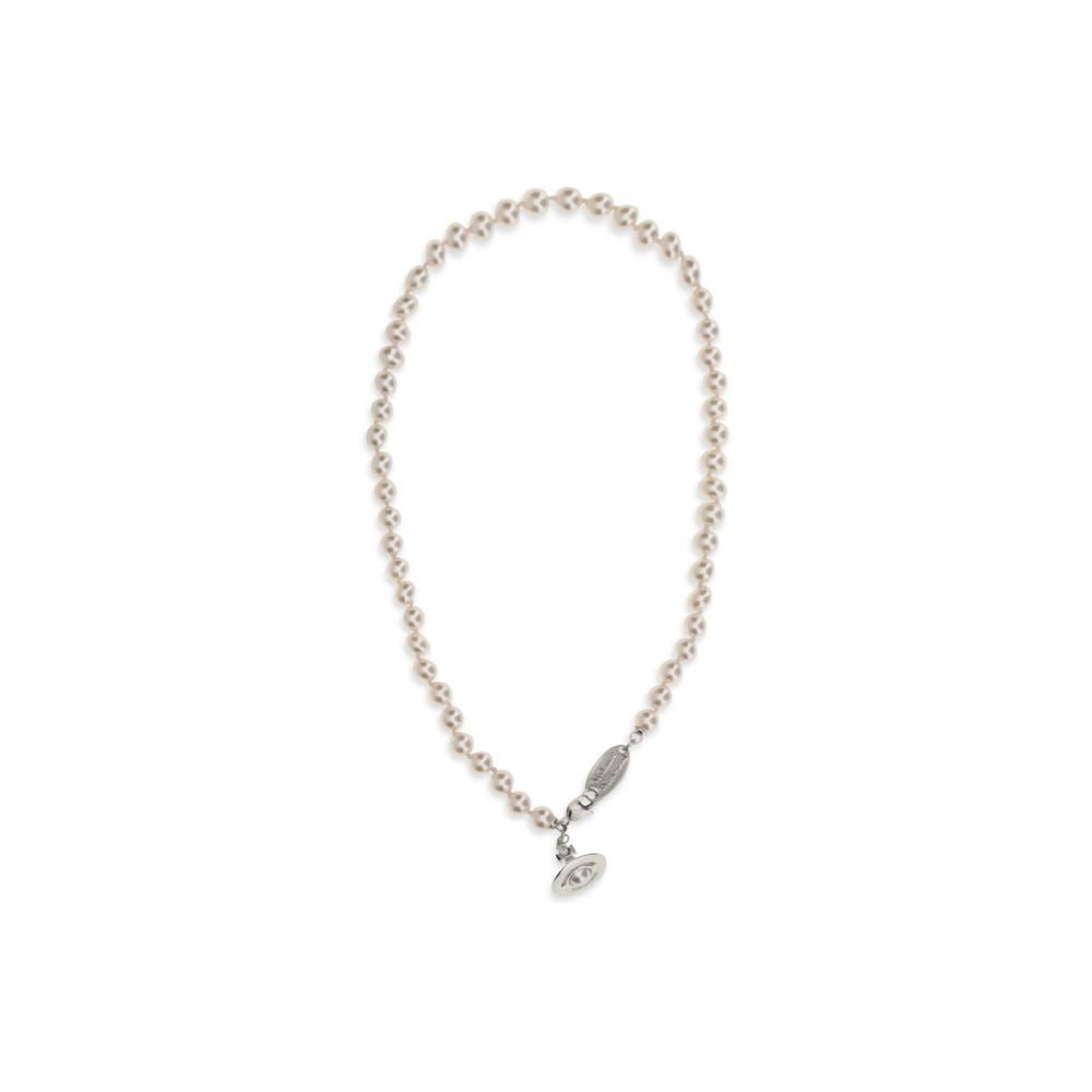 Necklace by Vivienne Westwood for women in bos taurus calfskin leather beige, gold, lavender, pearl & signature presents a artisanal silhouette, artfully highlighting the chain pendant necklace design and artisanal Orb Women's Gold Brass Pearls & Enamel Necklace aesthetic for a sophisticated finish.
