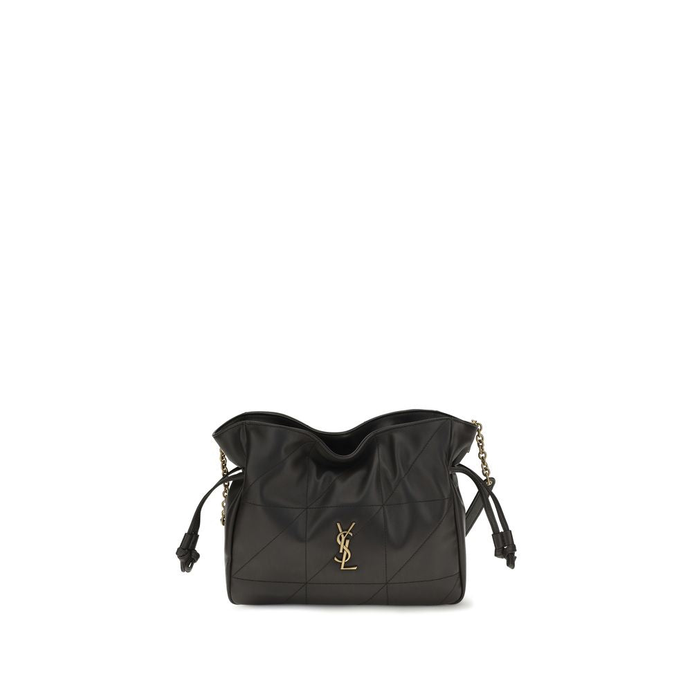 Compact Crossbody Clutch Handbag by Saint Laurent for women in lamb leather black showcases a sculptural silhouette, featuring a secure drawstring, ample , and versatile crossbody-strap for a sculptural aesthetic.
